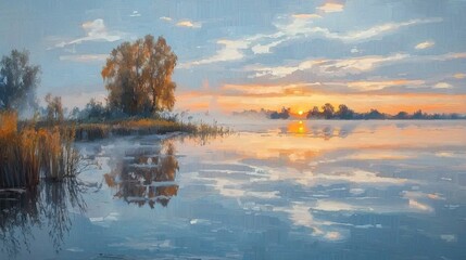 Fototapeta premium The harmony of nature: sunset and lake reflection.