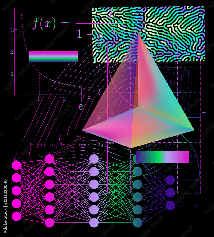 Aufkleber Colorful abstract illustration of a deep neural network with interconnected layers, graphs, and wave patterns on a black background. It symbolizes machine learning and complex data processing.