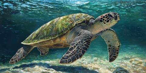 Giant sea turtle swimming near the ocean surface, peaceful and graceful