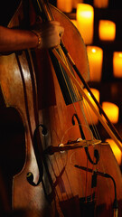 A close-up of a double bass being played in front of a wall of lit candles. The background is blurred and orange.