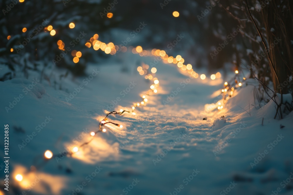 Poster a serene winter scene featuring a snow-covered path adorned with glowing string lights, creating a m