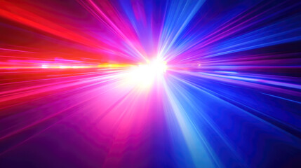 Vibrant burst of red and blue neon light rays in motion