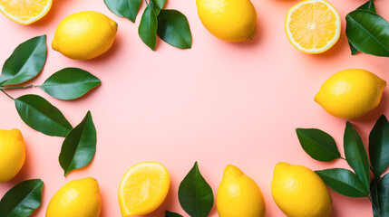 Obraz premium Fresh lemons with green leaves on a pastel pink background
