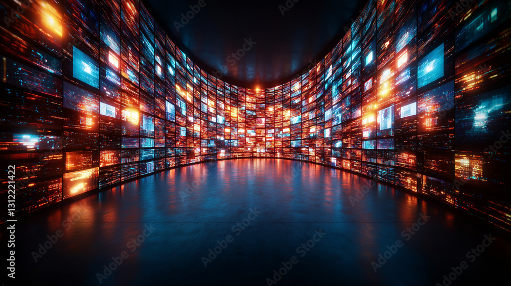 Poster vibrant digital media environment featuring curved wall of screens displaying colorful news and data