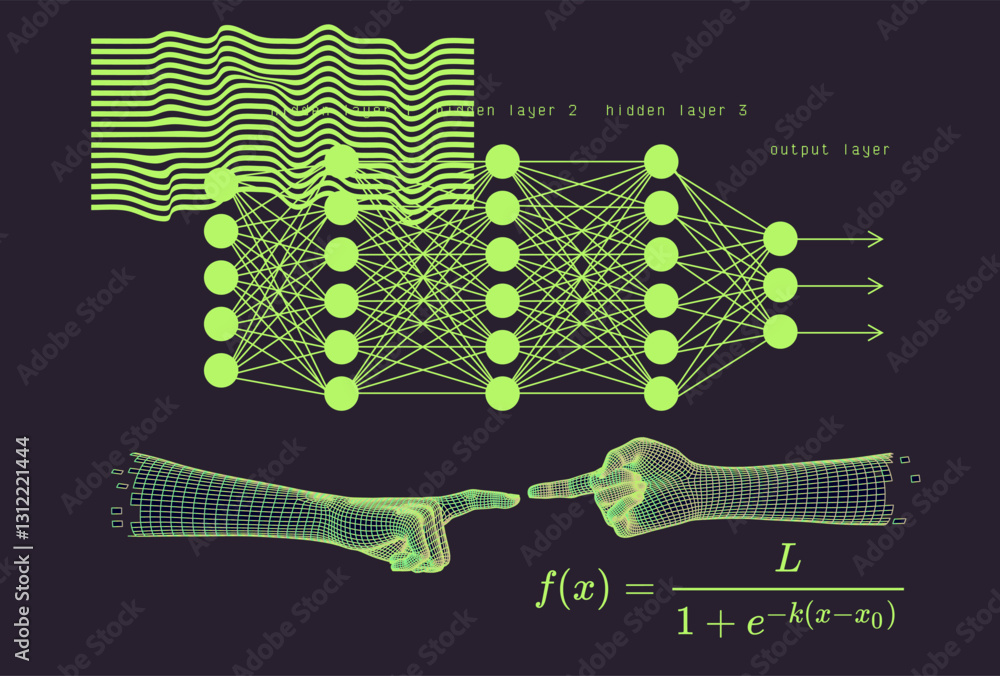 Aufkleber Colorful abstract illustration of a deep neural network with interconnected layers, graphs, and wave patterns on a black background. It symbolizes machine learning and complex data processing.