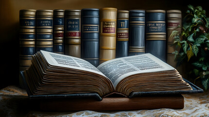 Naklejka premium Open Ancient Book, Library Setting