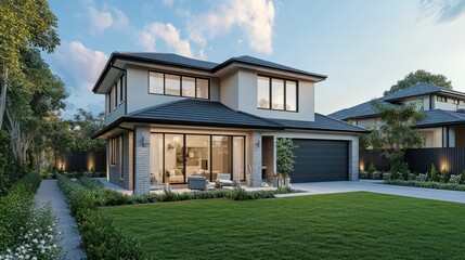 A modern two story home with expansive windows and lawn