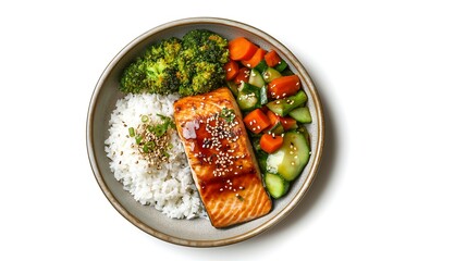 Rice with grilled salmon fillet teriyaki sauce and mixed vegetables, ceramic plate top down white background