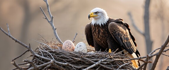 A bald eagle sitting on top of a nest with eggs