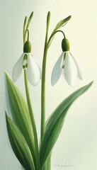 Obraz premium Delicate painting of snowdrop flowers with green leaves on soft background 