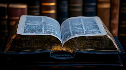 Obraz premium Open antique book in library setting (2)