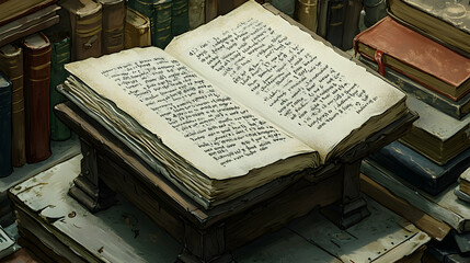 Open antique book on stand amidst old books