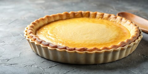 Flaky layers of freshly baked tart dough in a ceramic tart pan, with a delicate texture and a golden brown color, topped with a layer of melted butter, golden brown, melted butter