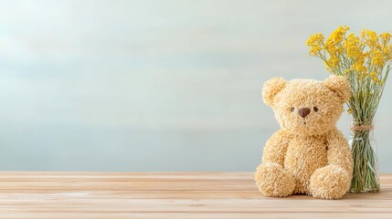 Adorable Beige Teddy Bear with Yellow Flowers on Wooden Table