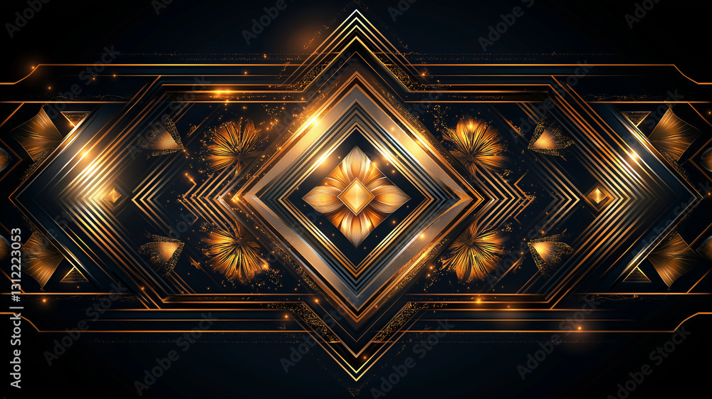 Poster elegant art deco background featuring geometric lines and floral patterns, illuminated with golden a