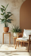 wooden chair with plants in a sunlit room