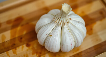 A whole head of garlic with its papery skin, resting on a wooden cutting board. Aromatic and earthy design