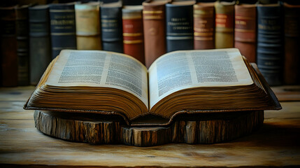 Open antique book on wooden stand amidst library books