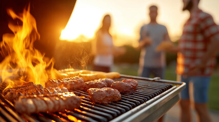 Grilling meat on barbecue with friends enjoying sunset in background creates warm and inviting atmosphere