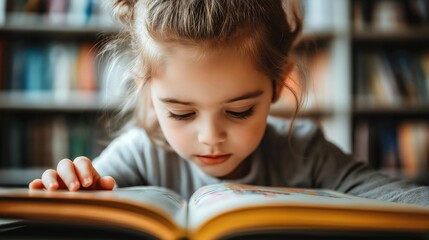 Focused young girl reading a colorful book in a cozy library setting, surrounded by shelves of books.