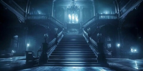 Explore the grandeur of a grand staircase inside a dark mansion.