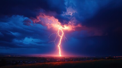 Pink and Blue Lightning Strike over City at Night