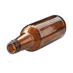 Brown translucent glass bottle lying on its side, with an open mouth facing forward, 
