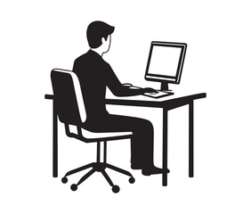 Businessman working on laptop. Working from home: remote job illustration. Computer desk setup a workplace icon.