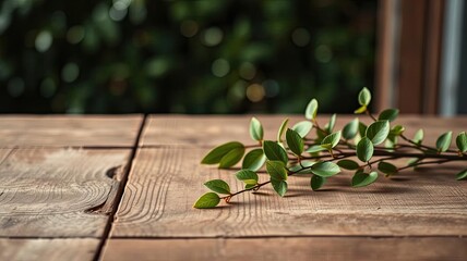 Rustic Wooden Table Spring Green Leaves Branch Nature Still Life