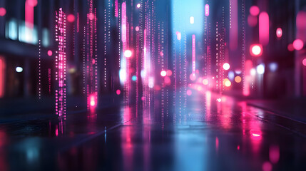Futuristic Cityscape at Night with Neon Lights and Digital Data Streams