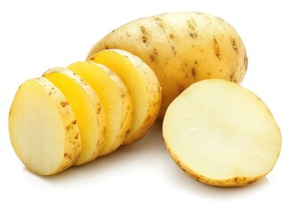 Freshly Cut Yellow Potatoes on White Background, Sliced and Whole, Ideal for Culinary Uses and Healthy Cooking Recipes in Various Dishes