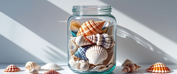 Colorful seashells displayed in a glass jar on a white surface