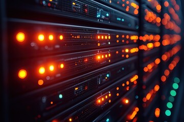 Illuminated Server Rack Data Center Technology, Network Infrastructure, Close-Up