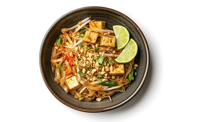 Vegetarian Pad Thai noodles with fried tofu, beansprout and lime, gray modern ceramic plate top view, white background