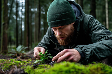 Man in Forest Examining Plants