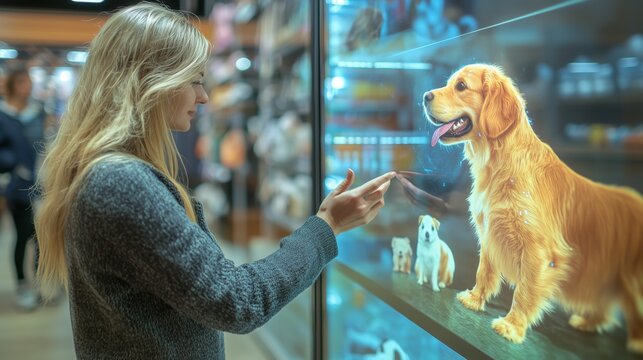 Woman interacts with holographic pet display choosing a dog for adoption. AI generated