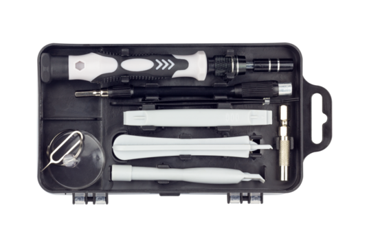 Gadget repair tool kit, set of tools for repairing smartphones and laptops, isolated from background