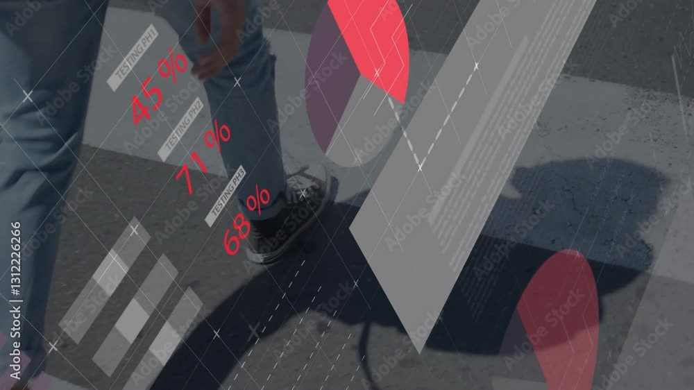 Poster red and gray data visualization animation over person walking on street