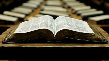 Open Bible on Wooden Stand, Books Background (1)