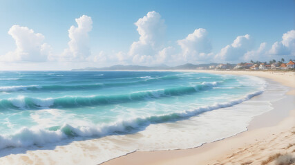 Obraz premium Breathtaking beach view with gentle waves and fluffy clouds under a clear blue sky