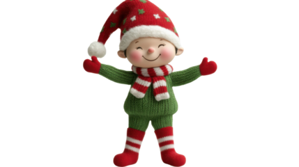Joyful Christmas elfin figurine wearing a green dress isolated on white background
