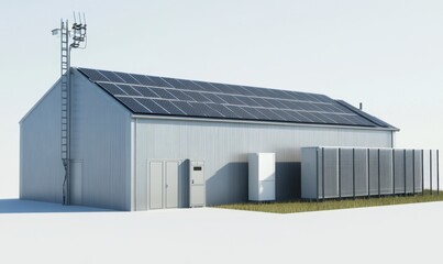 Obraz premium Solar panels on metal warehouse roof, battery storage, antenna, for renewable energy