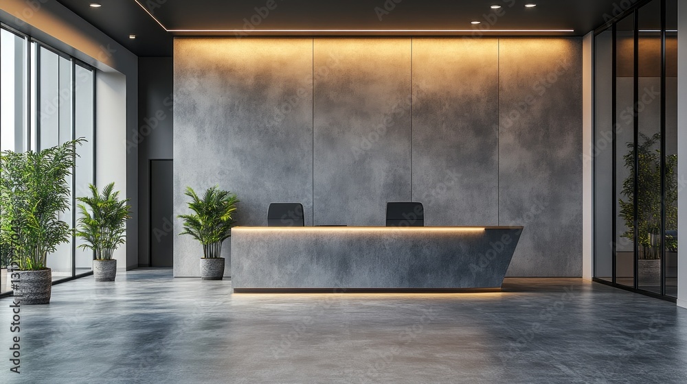 Aufkleber this modern reception space is highlighted by a sleek concrete desk and inviting greenery. large win