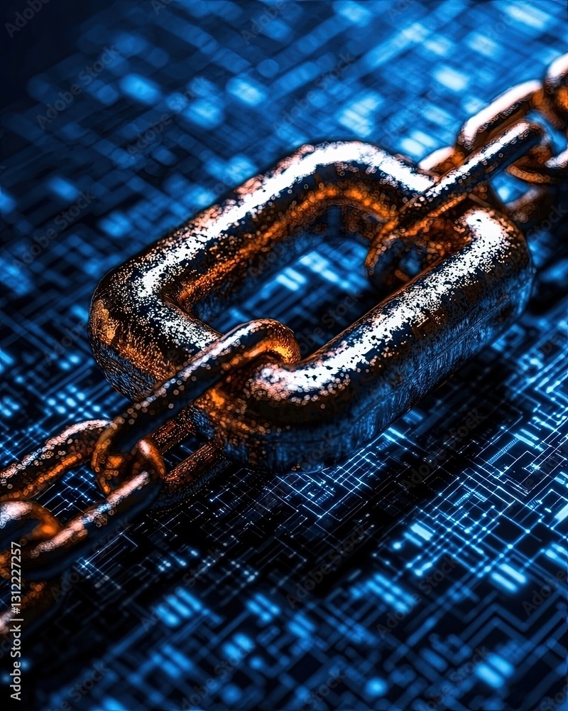 Poster metallic chain link on digital background representing security and connectivity in technology