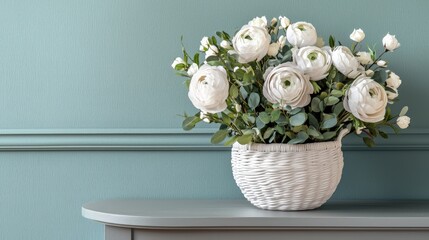 White Ranunculus Flowers in a White Wicker Basket