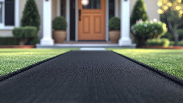 Clean black doormat is lying on the ground in front of a residential home's front door