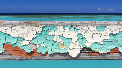 Obraz premium A weathered wooden fence with peeling paint and a view of the ocean.