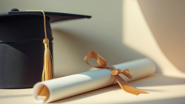 Graduation cap and diploma on a pastel background