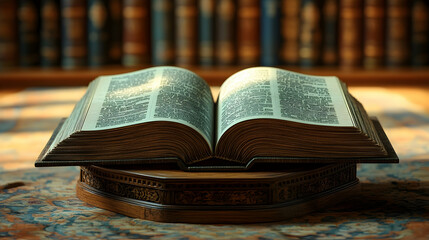 Obraz premium Open Book on Display in Library Setting