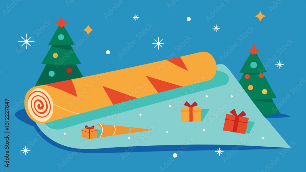 Poster wrapping paper roll a roll of gift wrapping paper unfurling across a table displaying cheerful holid